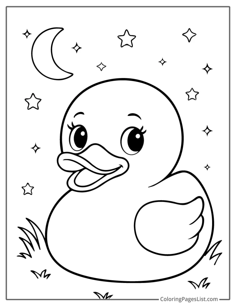 Cute Duck Under a Moonlit Sky Coloring Page