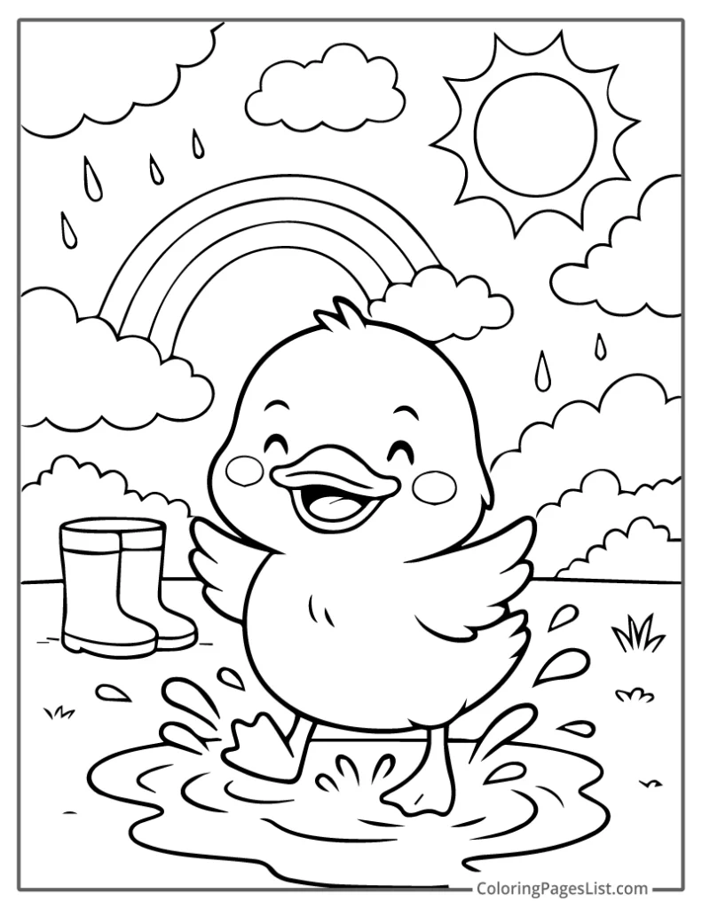 Cute Duckling Splashing In Puddle Under Rainbow