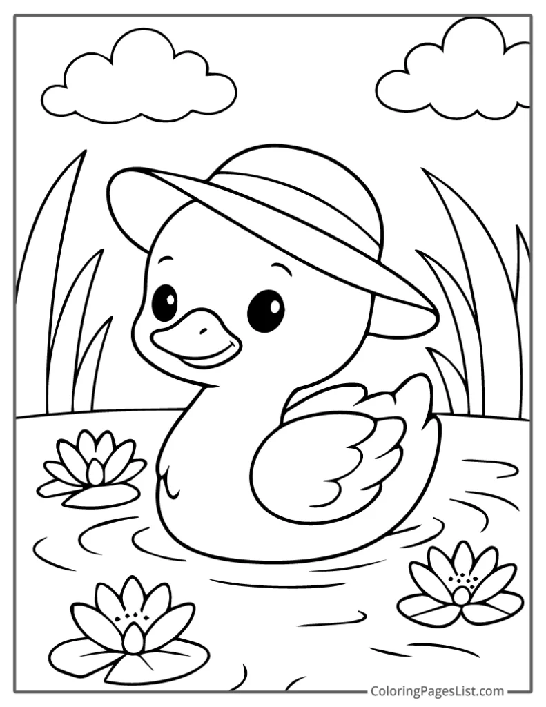 Cute Little Baby Swan Wearing a Hat Among Lily Pads To Color In