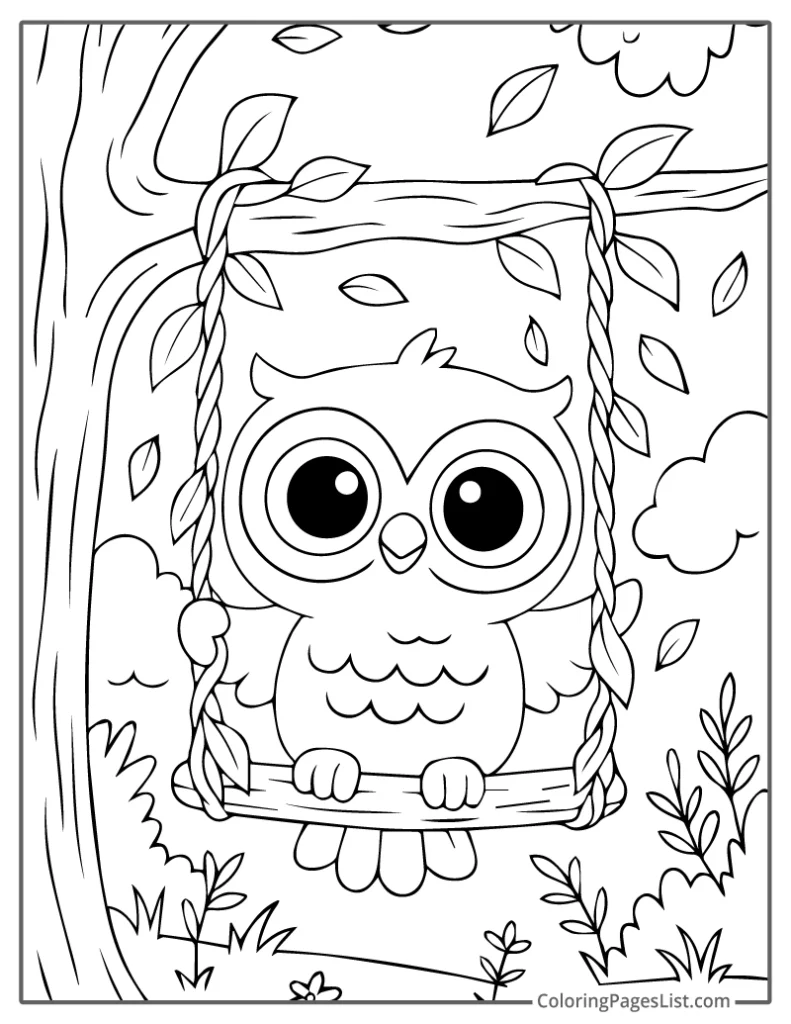 Cute Owl Sitting on a Tree Swing Coloring Page For Kids