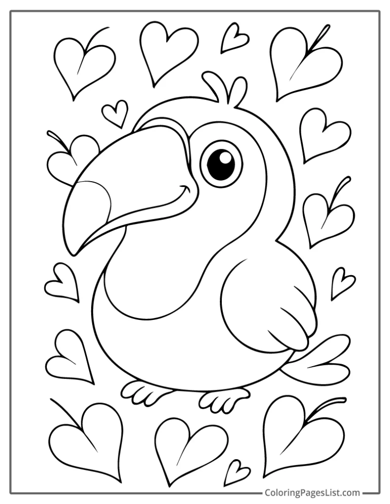 Cute Toucan Surrounded by Hearts To Color In