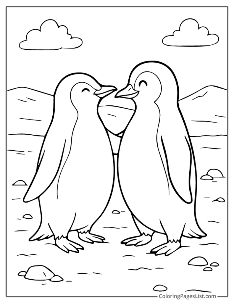 Cute Two Penguins Gazing at Each Other with Love For Coloring