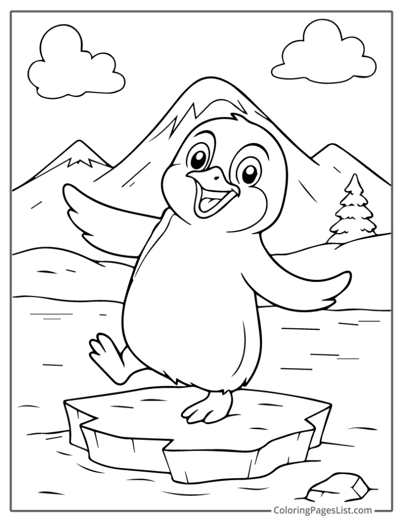 Dancing Penguin Balancing on a Chunk of Ice Coloring Sheet