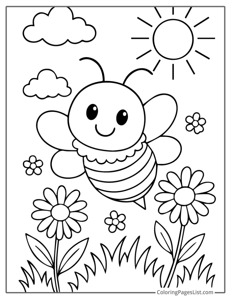 Detailed Outline of Bee Flying Over Sunny Flowers To Color In