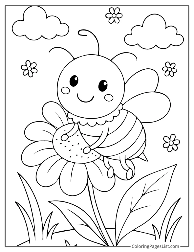 Detailed Outline of Cheerful Bee Sitting on a Daisy Coloring Sheet