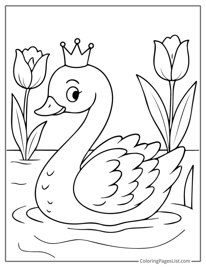 Detailed Outline of Crowned Swan with Tulips To Color In