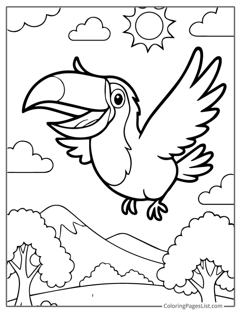 Detailed Outline of Flying Toucan Over Sunny Hills To Color In