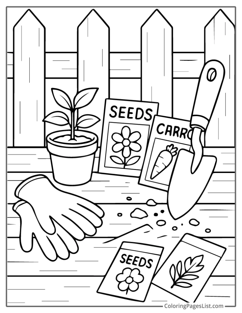 Detailed Outline of Garden Table with Seeds and Tools To Color In