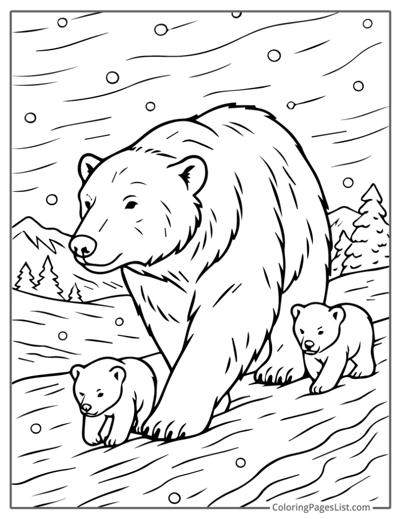 Detailed Outline of Polar Bear Leading Cubs Through Falling Snow