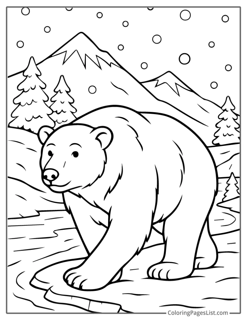 Detailed Outline of Polar Bear Walking by a Snowy River Coloring Page For Kids