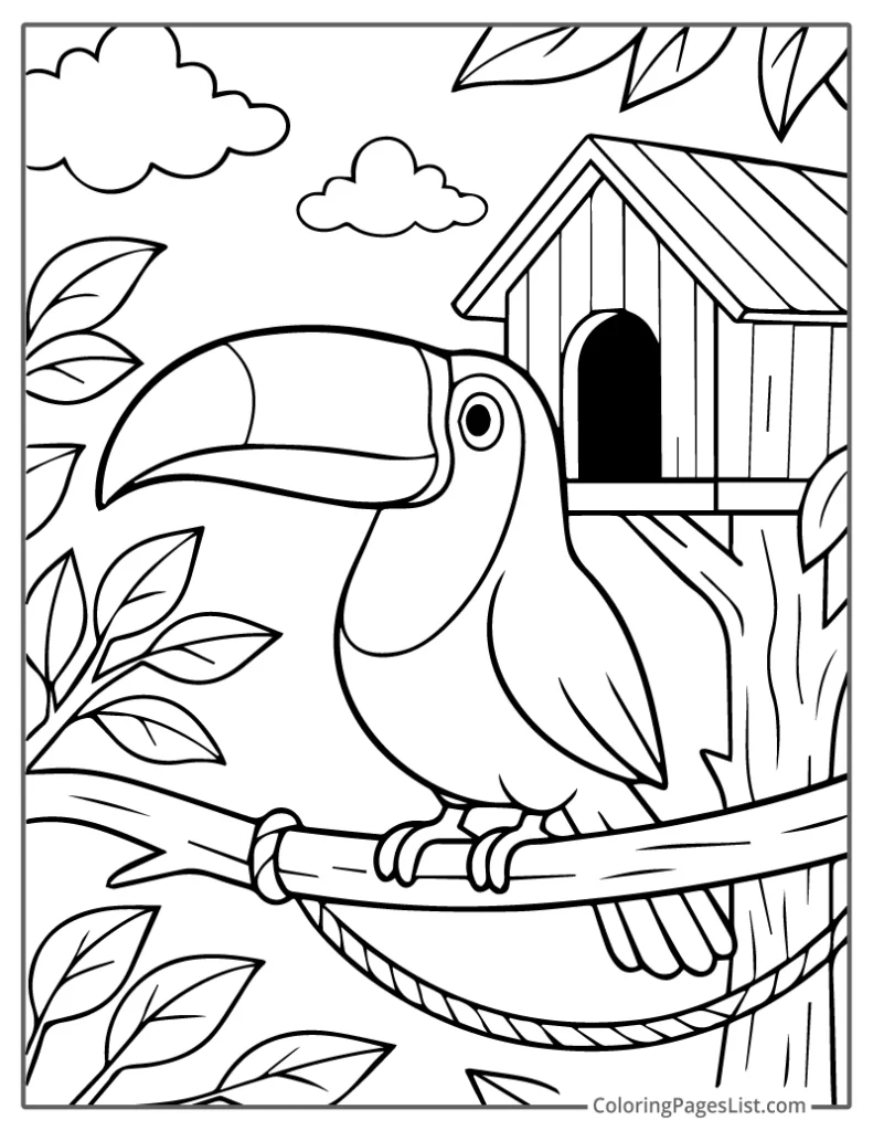 Detailed Outline of Toucan Resting by a Wooden Birdhouse Coloring Sheet