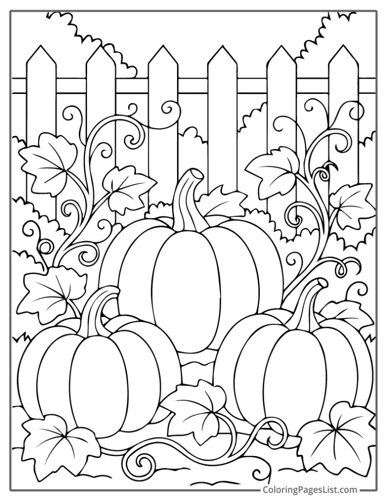 Detailed Pumpkins Growing in a Garden Corner Coloring Page