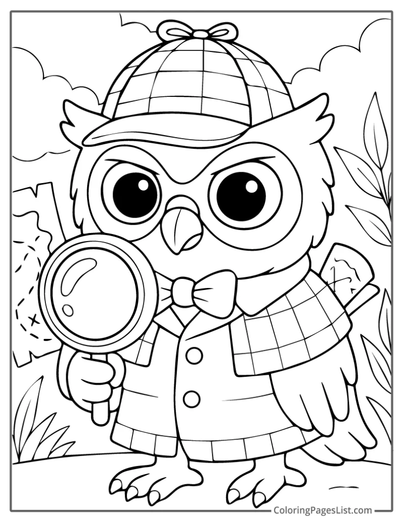 Detective Owl with Magnifying Glass and Hat For Coloring