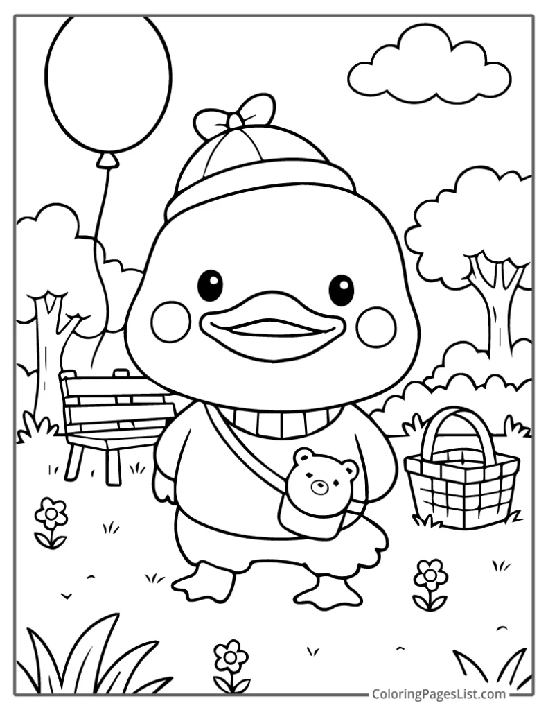 Dressed-Up Duck Enjoying a Park Picnic Coloring Sheet