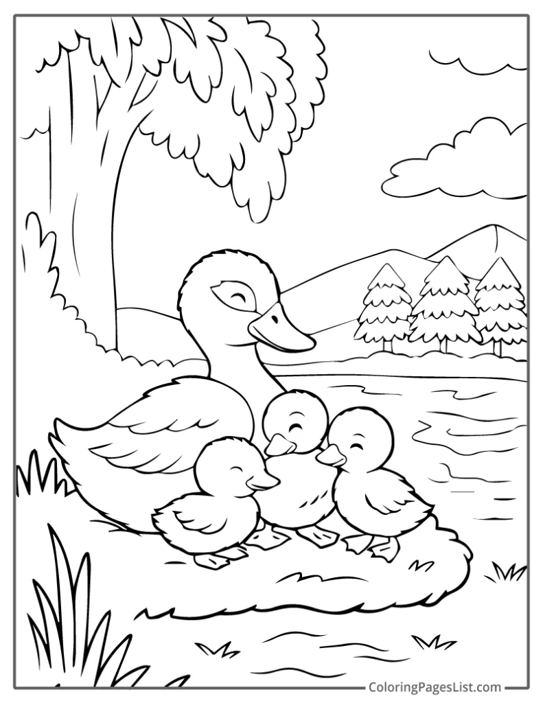 Duck And Ducklings Resting By A Tree Coloring Page