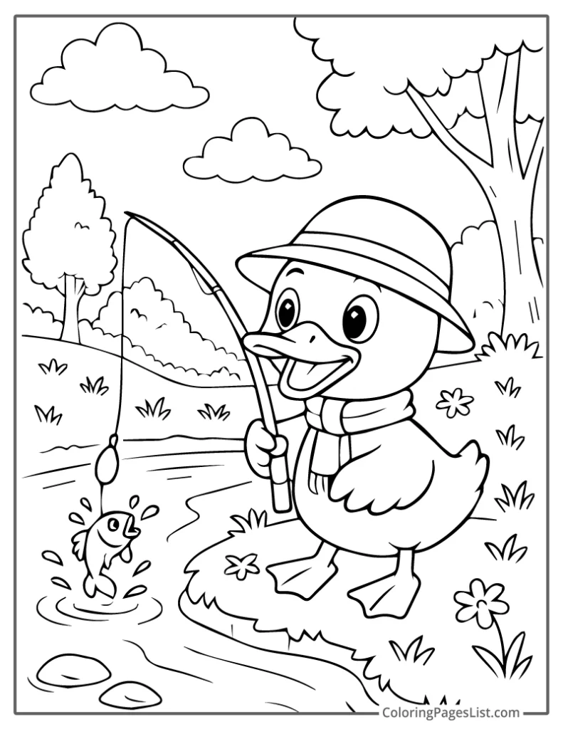 Duck Catching A Fish With Fishing Rod Coloring Page