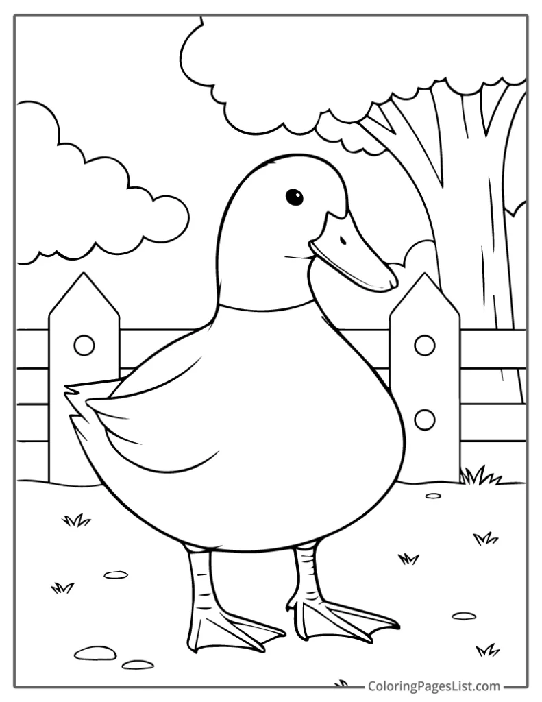 Duck Exploring the Yard with a Smile Coloring Page