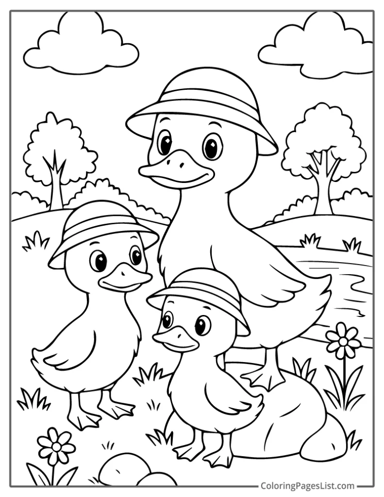 Duck Family Wearing Hats Near Pond To Color In