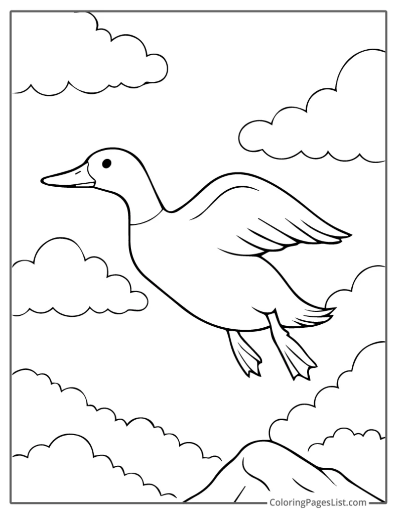 Duck Flying High Above The Clouds Coloring Sheet