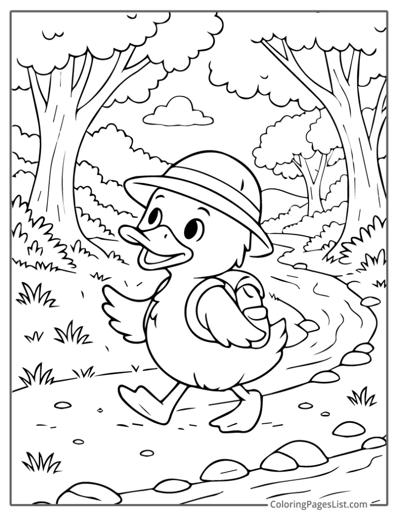 Duck Hiking Through A Forest Trail For Coloring