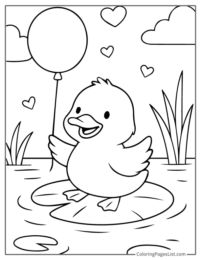 Duck Holding Balloon On Lily Pad To Color In