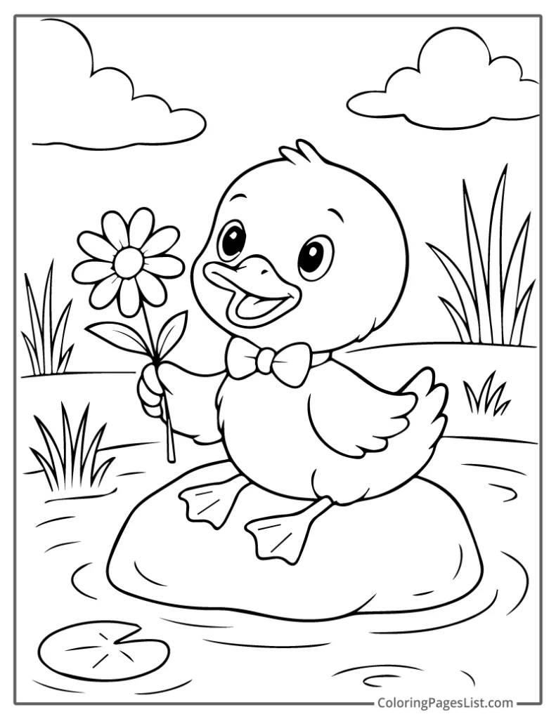 Duck Holding Flower While Sitting On Rock