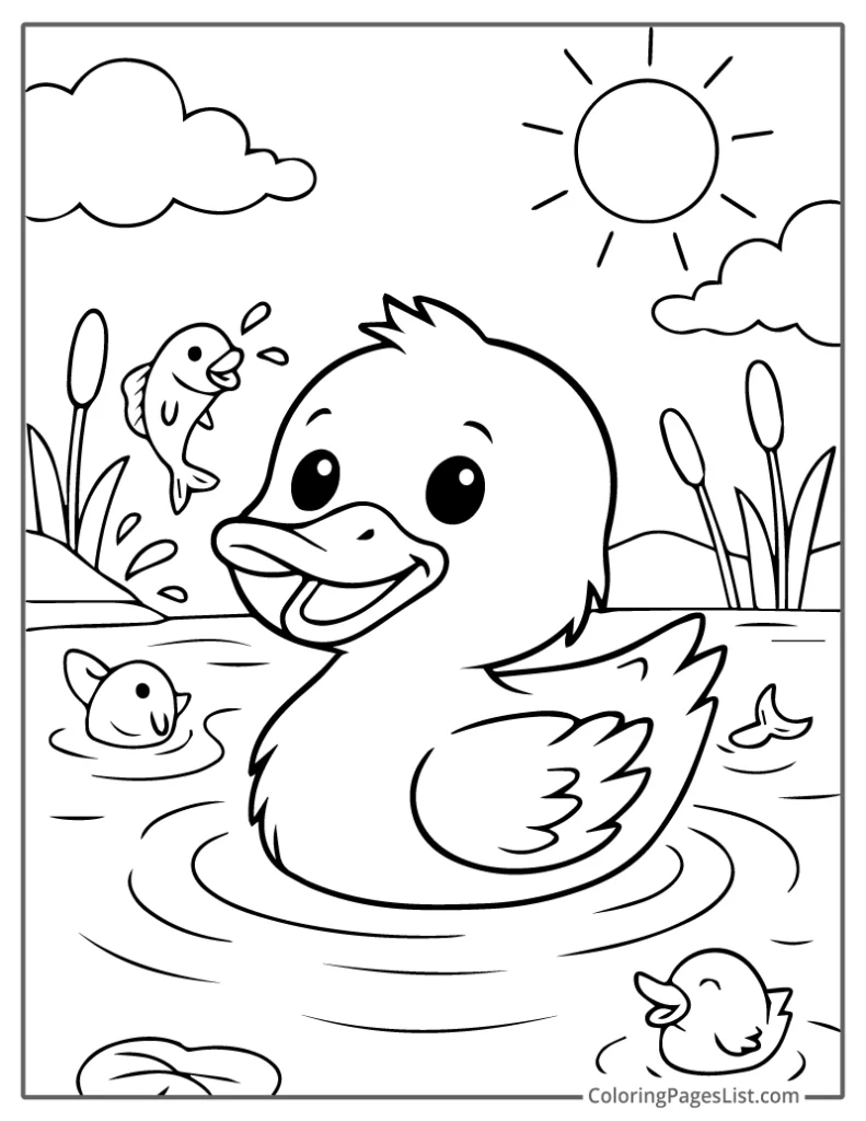 Duck Playing With Fish In The Pond To Color In