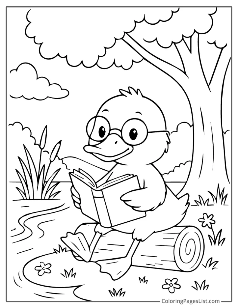 Duck Reading A Book On Tree Log For Coloring