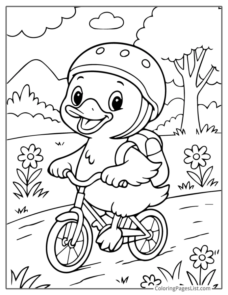 Duck Riding Bicycle With Helmet On