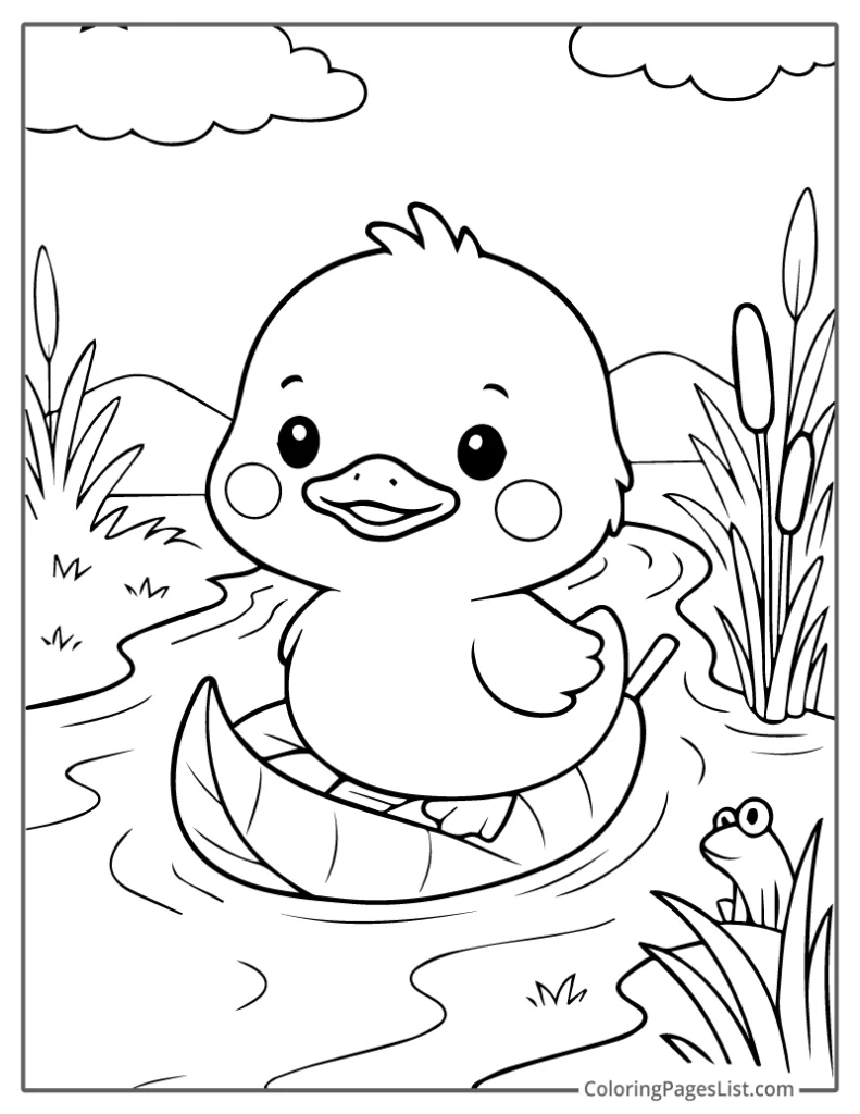 Duck Rowing A Leaf Boat In River For Coloring