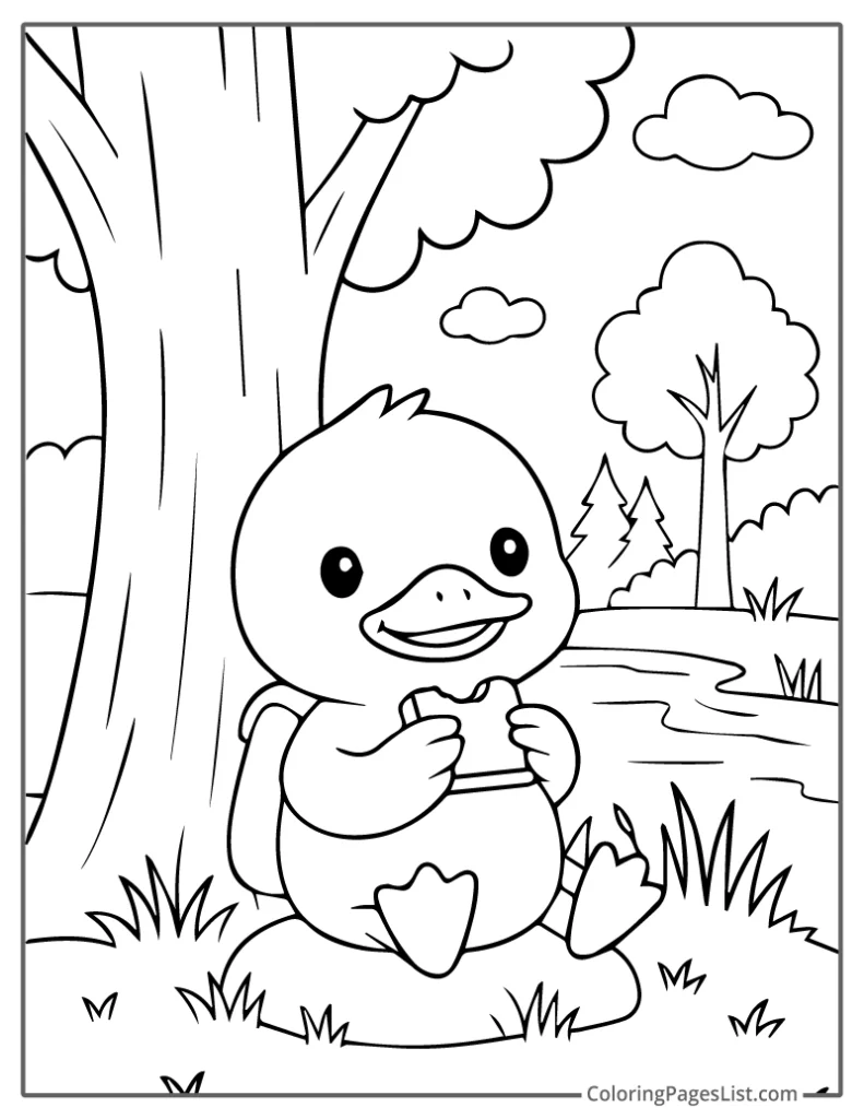 Duck Sitting By Tree Eating Snack Coloring Page
