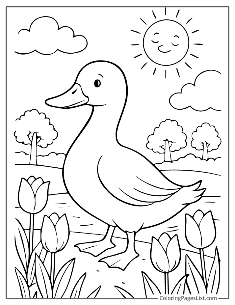 Duck Standing In Garden With Tulips