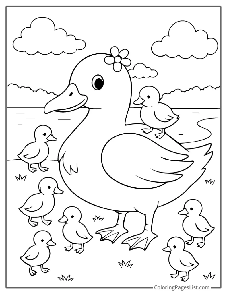 Duck Surrounded by Tiny Duck Friends Coloring Page