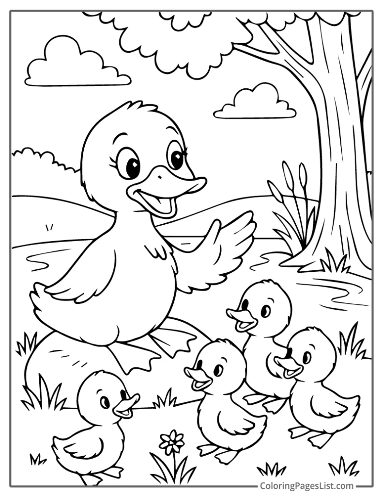 Duck Teaching Ducklings In A Meadow Coloring Page
