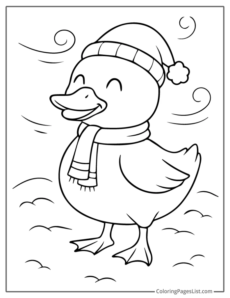 Duck Wearing Winter Hat And Scarf For Coloring