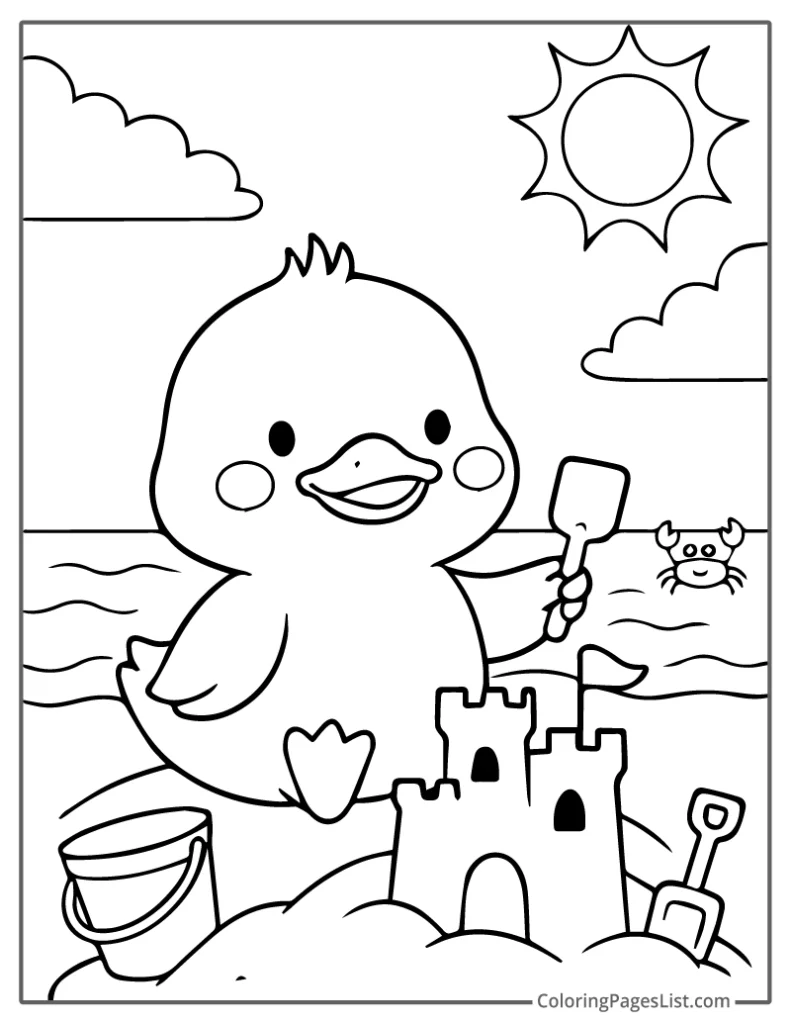 Duckling Building Sandcastle At The Beach For Coloring