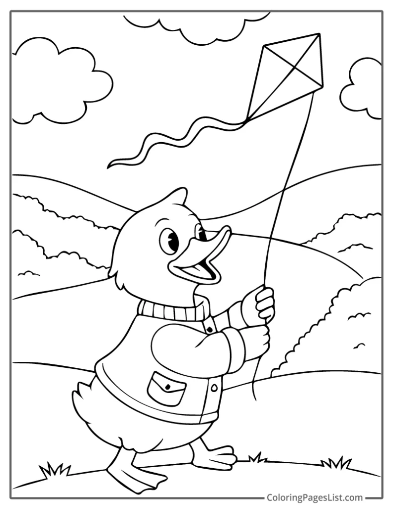 Duckling Flying A Kite On Hill To Color In