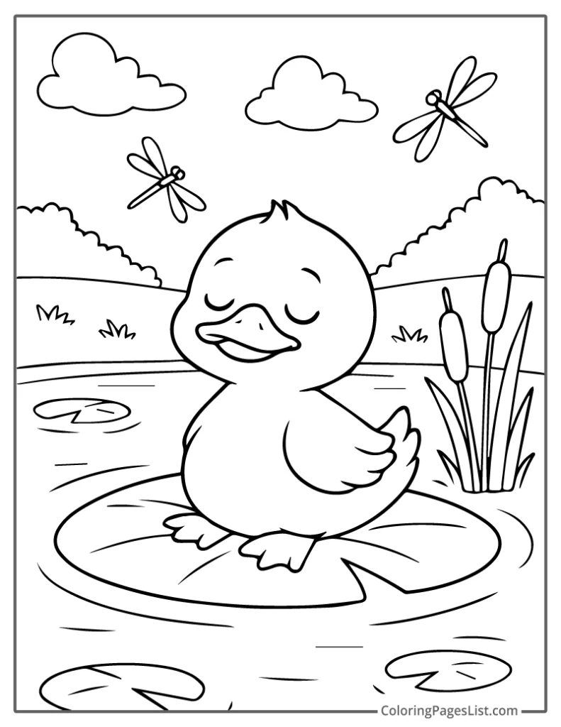 Duckling On Lily Pad With Dragonflies Coloring Page