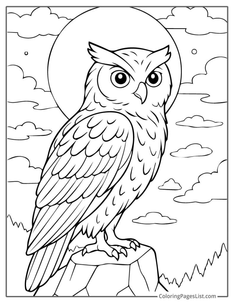 Elegant Owl Perched on Cliff at Sunset Coloring Page