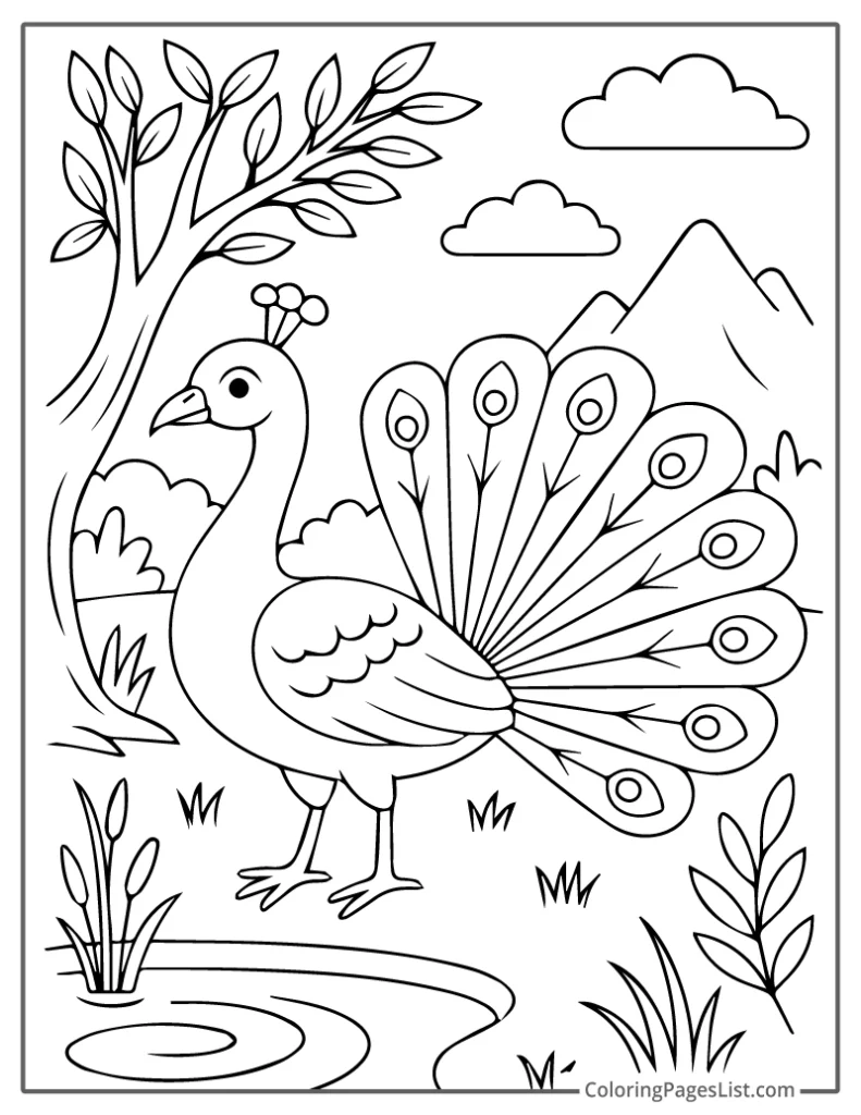 Elegant Peacock Displaying Feathers By The Hills To Color In