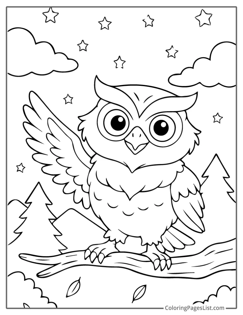 Excited Owl Under a Starry Forest Sky To Color In