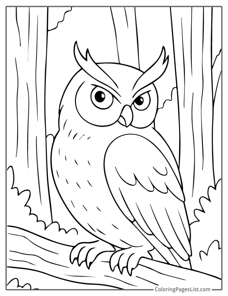 Fierce Owl Perched Among Thick Forest Trees To Color In