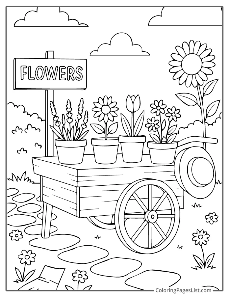 Flower Cart Display in the Garden Coloring Page