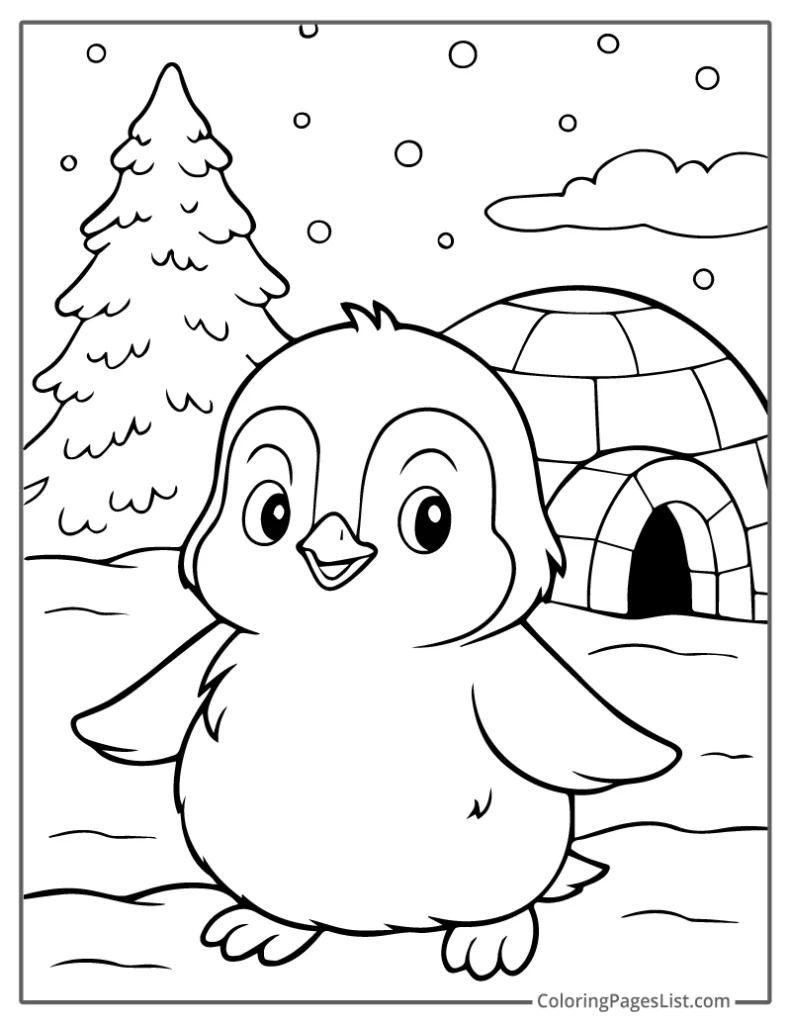 Fluffy Penguin Chick Smiling Beside an Igloo To Color In