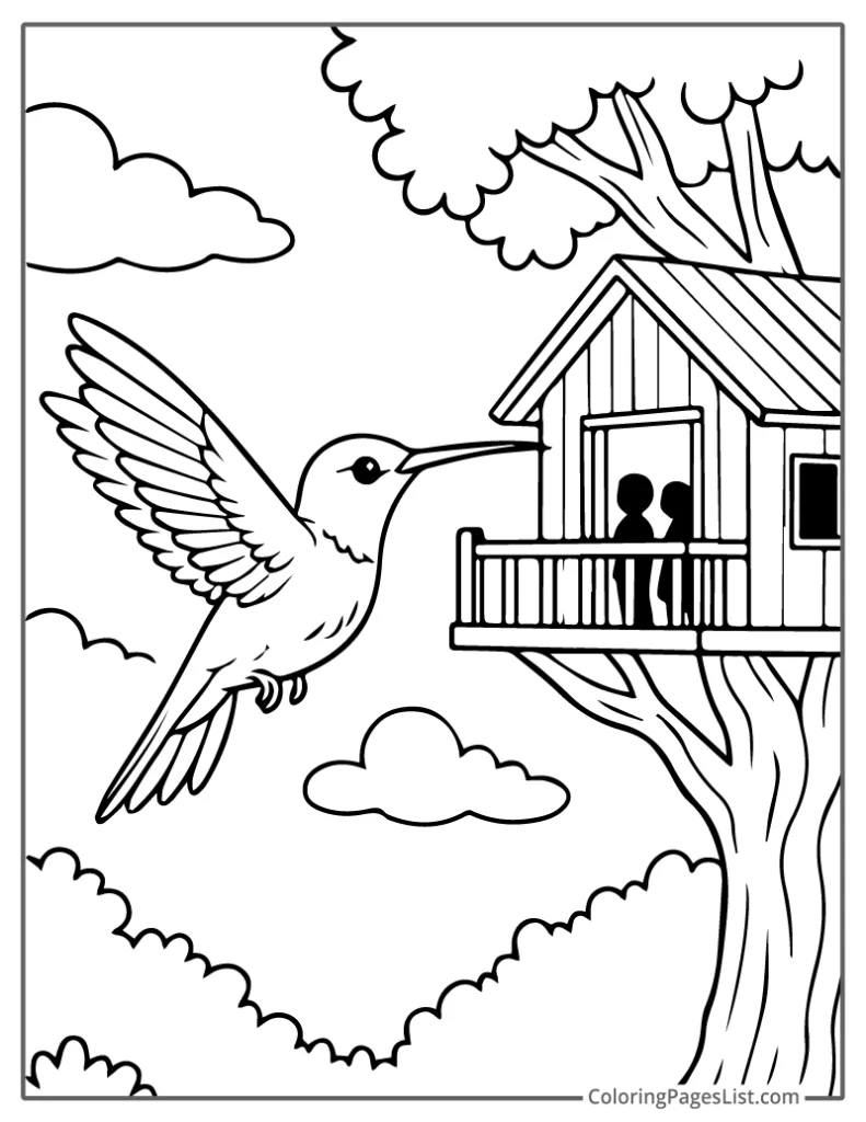 Flying Hummingbird Near Cozy Treehouse Coloring Sheet For Kids