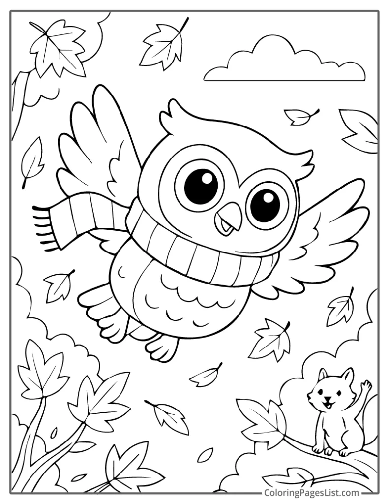 Flying Owl with Scarf and Autumn Leaves Coloring Page