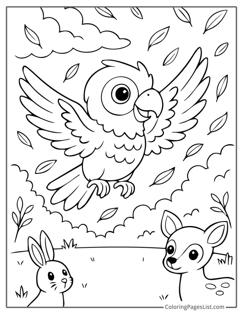 Flying Parrot With Bunny And Deer Below Coloring Page
