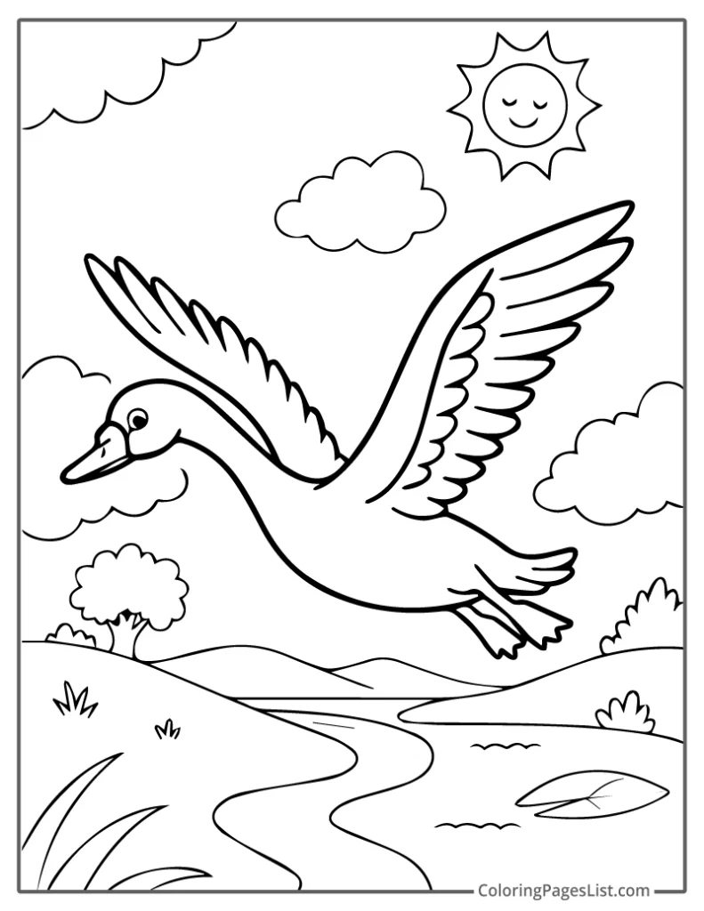 Flying Swan Over a Winding River Coloring Page