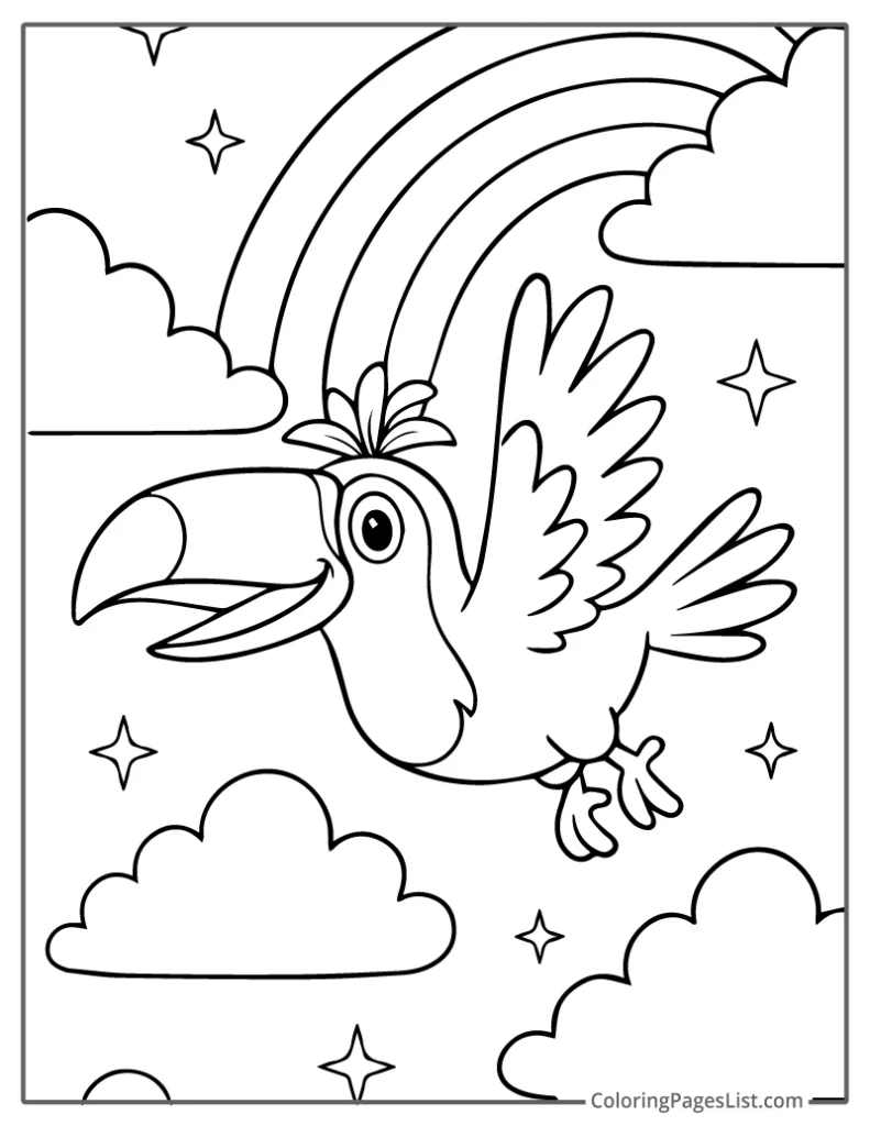 Flying Toucan With Rainbow And Stars In The Sky Coloring Sheet