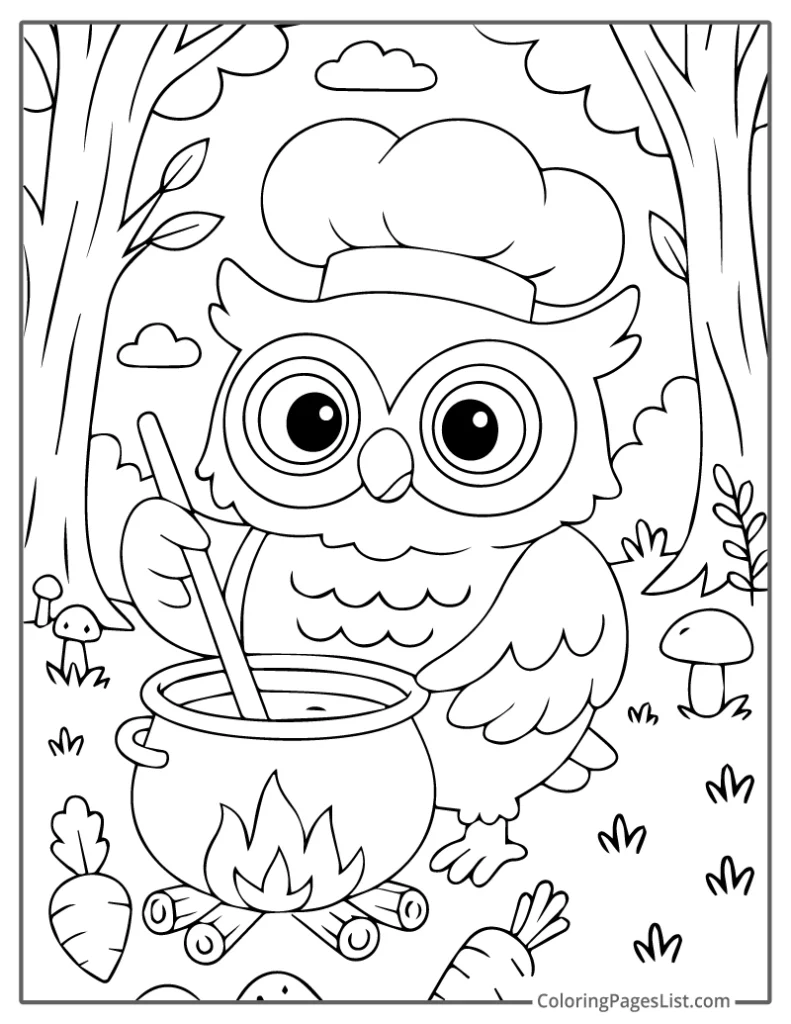 Forest Owl Cooking Over a Campfire Pot Coloring Sheet